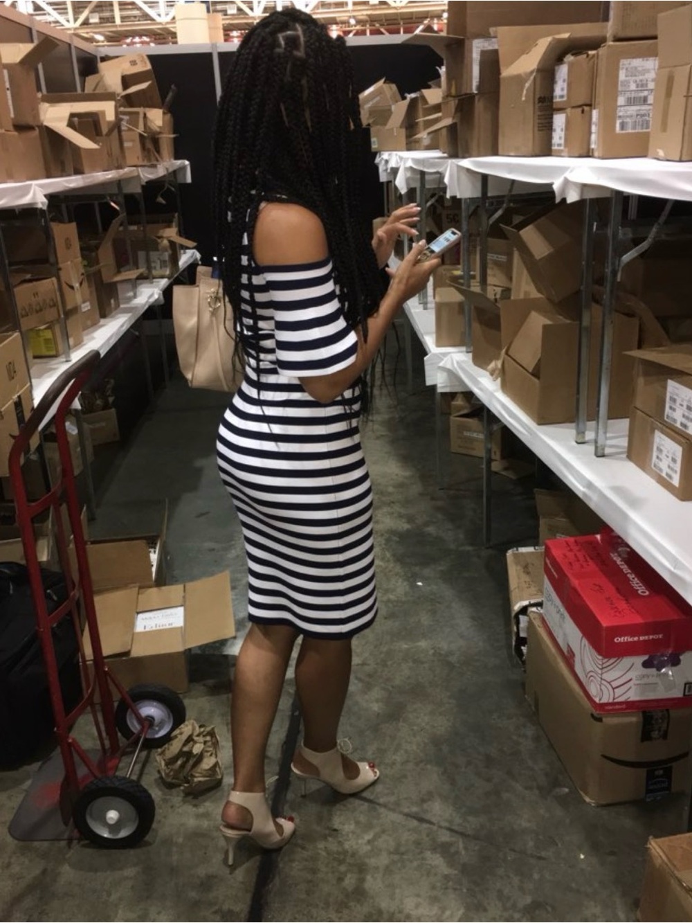 Michael Kors Navy and White Striped Cold-Shoulder Midi Dress